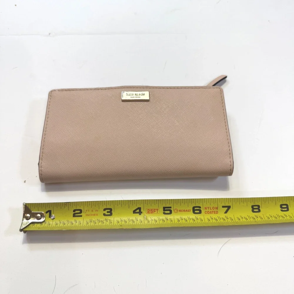 Kate Spade New York Pink Saffiano Leather Slim Bifold Wallet Gold Logo Plaque